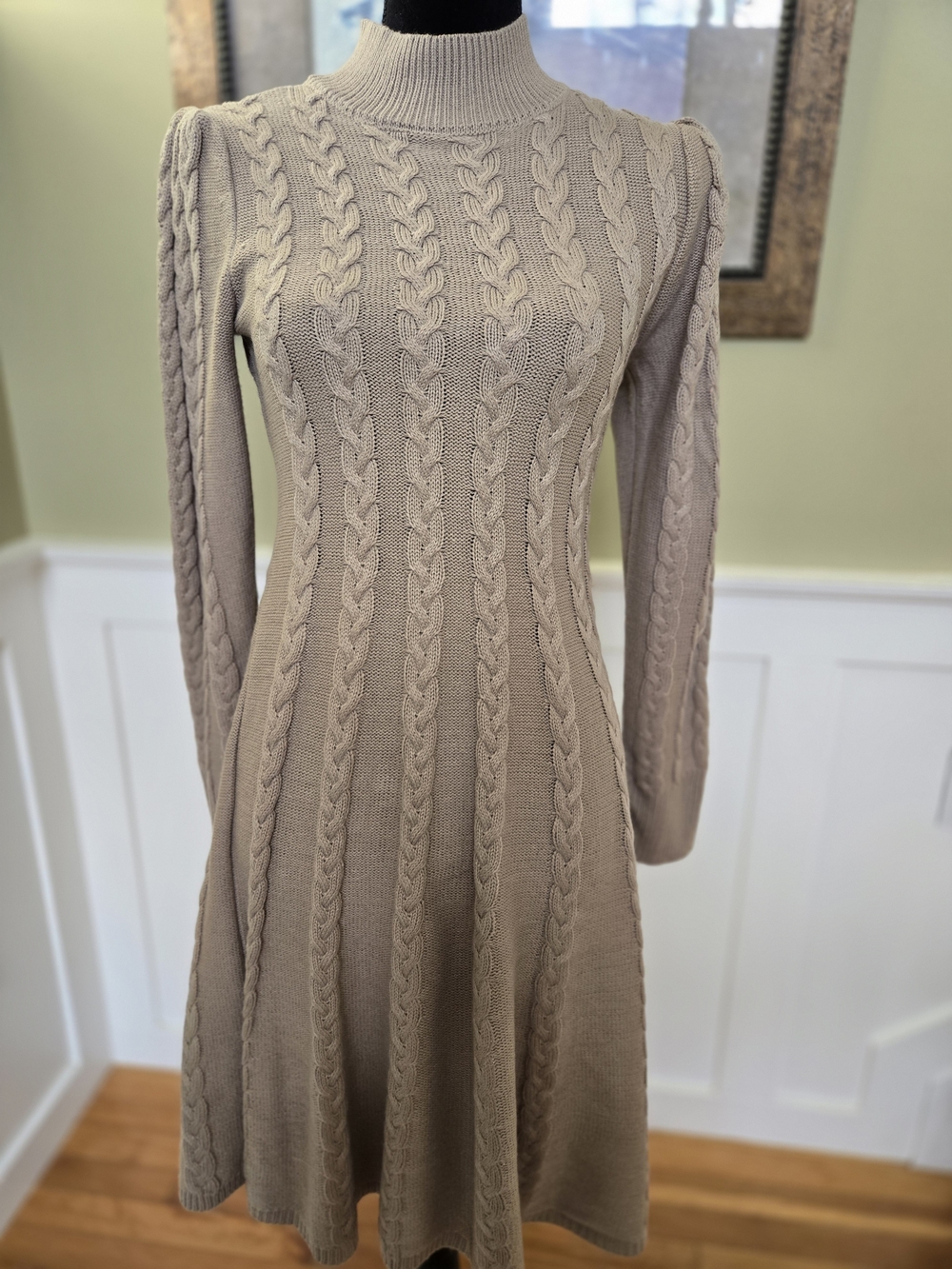 Jessica Howard Taupe Cable-Knit Mock Neck Midi Fit And Flare Dress